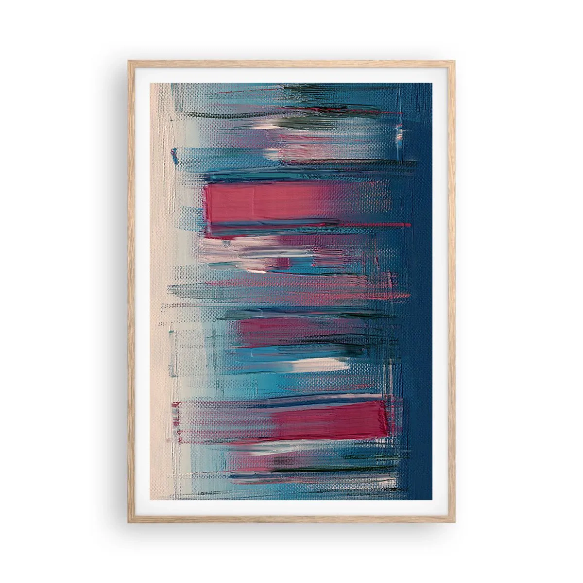 Een poster in een licht eiken lijst - Verticale compositie in blauw en rood - 70x100 cm