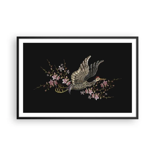 Poster in een zwarte lijst - Exotische geborduurde vogel - 91x61 cm
