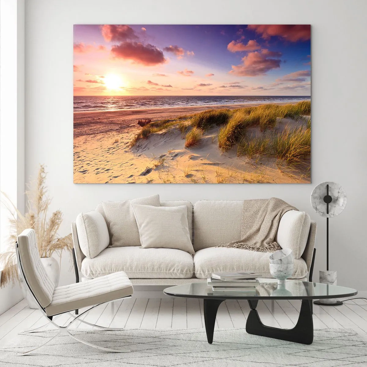 Schilderen op glas - Strand met duinen bij zonsondergang - 70x50cm - De lucht ruikt al in de zomer - Moderne wanddecoratie voor woonkamer en slaapkamer ARTTOR