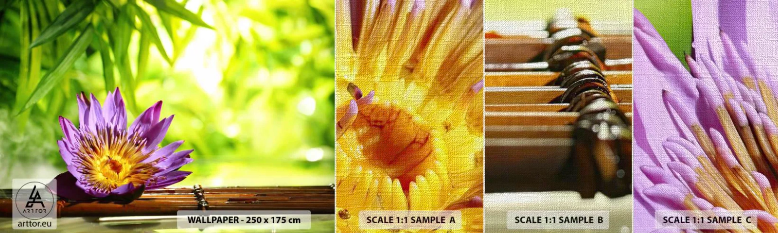 Fotobehang Monster Premium Canvas - In de Aziatische zon - Bloem, lotusbloem, Bamboe - 100x30 cm