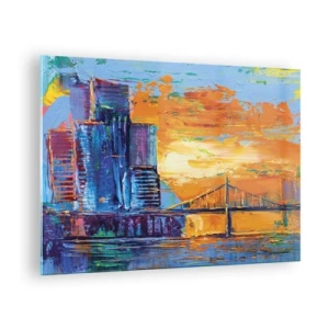 Schilderen op glas - De kleurrijke stad en brug in de gloed van de ondergaande zon - 70x50cm - Cultuur en natuur - Moderne wanddecoratie voor woonkamer en slaapkamer ARTTOR