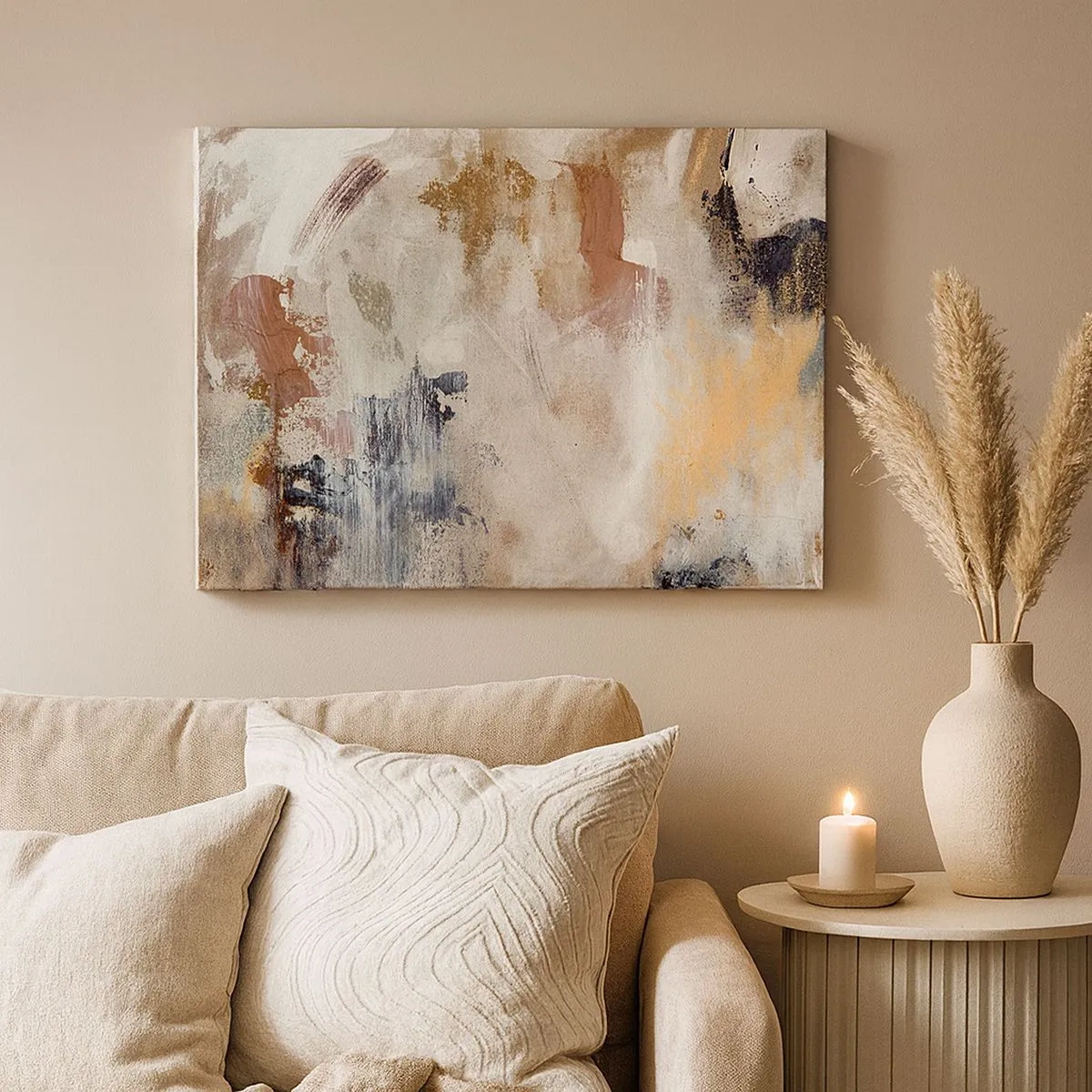 Schilderen op canvas - Abstracte vlekken in gedempte tinten beige en goud - 70x50cm - Mistige abstractie - Moderne wanddecoratie voor woonkamer en slaapkamer ARTTOR