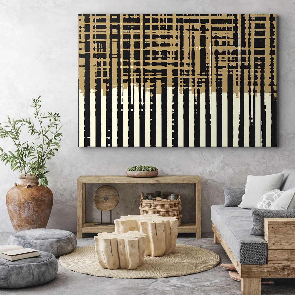 Schilderen op canvas - Abstracte lijnen in zwart, beige en wit - 70x50cm - Architecturale abstractie - Moderne wanddecoratie voor woonkamer en slaapkamer ARTTOR