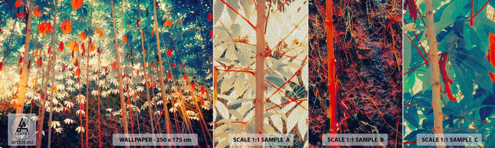 Fotobehang Monster Premium Sand - Het geheime leven van de bladeren - Tropisch bos, Natuur, Bomen - 100x30 cm