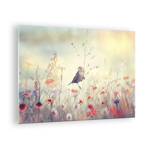 Schilderen op glas - Een vogel in een bloemenweide in de zon - 70x50cm - Vogelportret met een weiland op de achtergrond - Moderne wanddecoratie voor woonkamer en slaapkamer ARTTOR