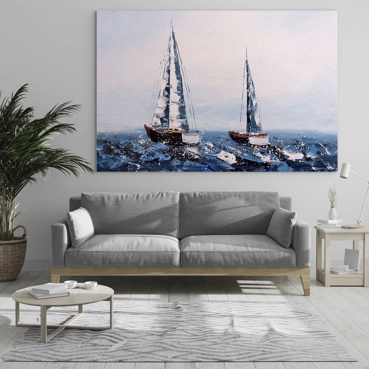 Schilderen op glas - Twee jachten op een stormachtige zee, in impressionistische schilderstijl. - 70x50cm - Broederschap van de wind - Moderne wanddecoratie voor woonkamer en slaapkamer ARTTOR