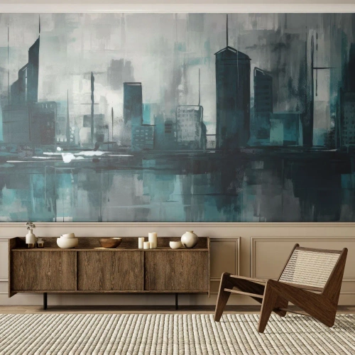 Fotobehang op maat Premium Canvas - Een stad in de kleur van regen - Stad, Architectuur, Deel