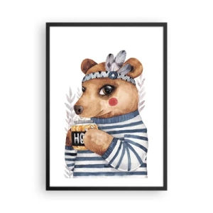 Poster in een zwarte lijst - Een charmante teddybeer in een matrozentrui met een beker in zijn handen - 50x70cm - Zoete beer - Moderne wanddecoratie voor woonkamer en slaapkamer ARTTOR