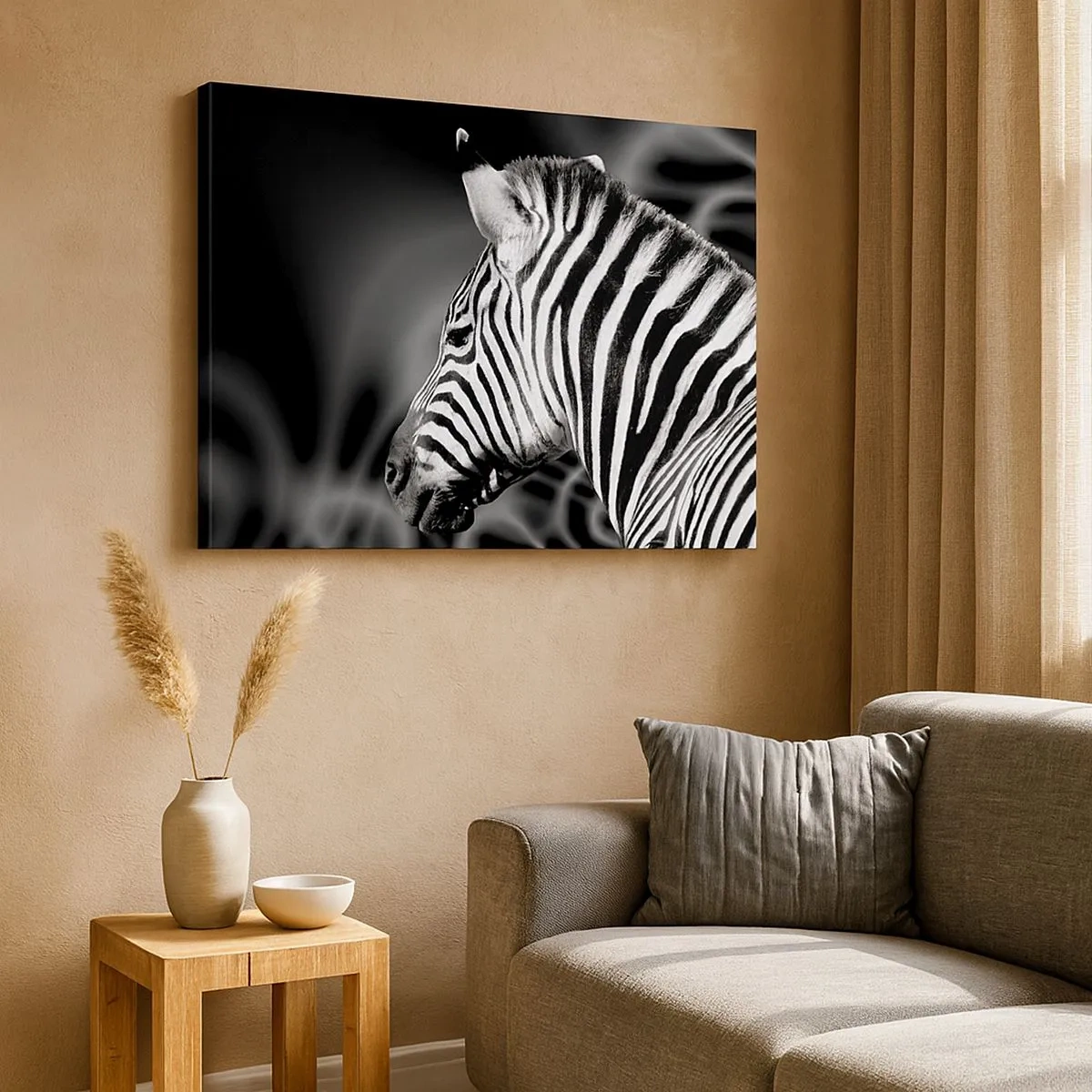 Schilderen op canvas - Zwart-witportret van een zebra tegen een achtergrond van abstracte patronen. - 70x50cm - Wit is wit en zwart is zwart - Moderne wanddecoratie voor woonkamer en slaapkamer ARTTOR