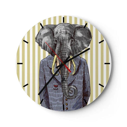 Wandklok - Klok - Een elegante tekening van een olifant in een pak tegen een achtergrond van verticale strepen. - 30x30cm - Elegant van nature - Moderne wanddecoratie voor woonkamer, keuken en slaapkamer ARTTOR