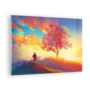 Schilderen op glas - Een figuur tegen de achtergrond van een kleurrijke lucht en een boom in warme kleuren - 70x50cm - Pelgrim bij de bestemming - Moderne wanddecoratie voor woonkamer en slaapkamer ARTTOR