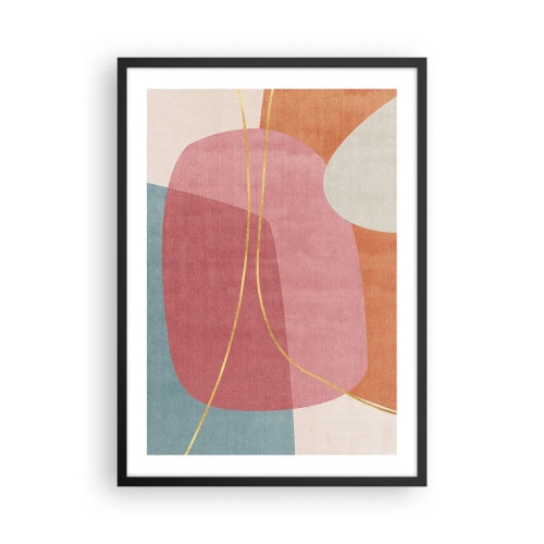 Poster in een zwarte lijst - Kleurrijke abstractie met geometrische vormen en gouden lijnen - 50x70cm - Pastelkleurcompositie met gouddraad - Moderne wanddecoratie voor woonkamer en slaapkamer ARTTOR