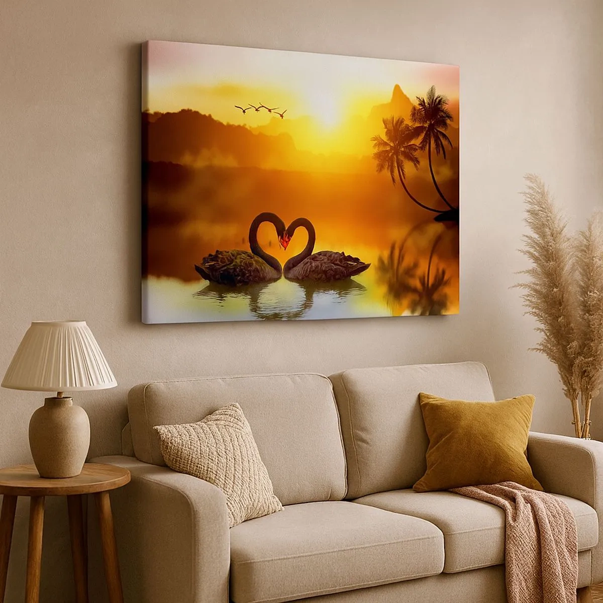 Schilderen op canvas - Twee zwarte zwanen vormen een hart tegen de achtergrond van een zonsondergang op een meer - 70x50cm - Alles gaat samen - Moderne wanddecoratie voor woonkamer en slaapkamer ARTTOR