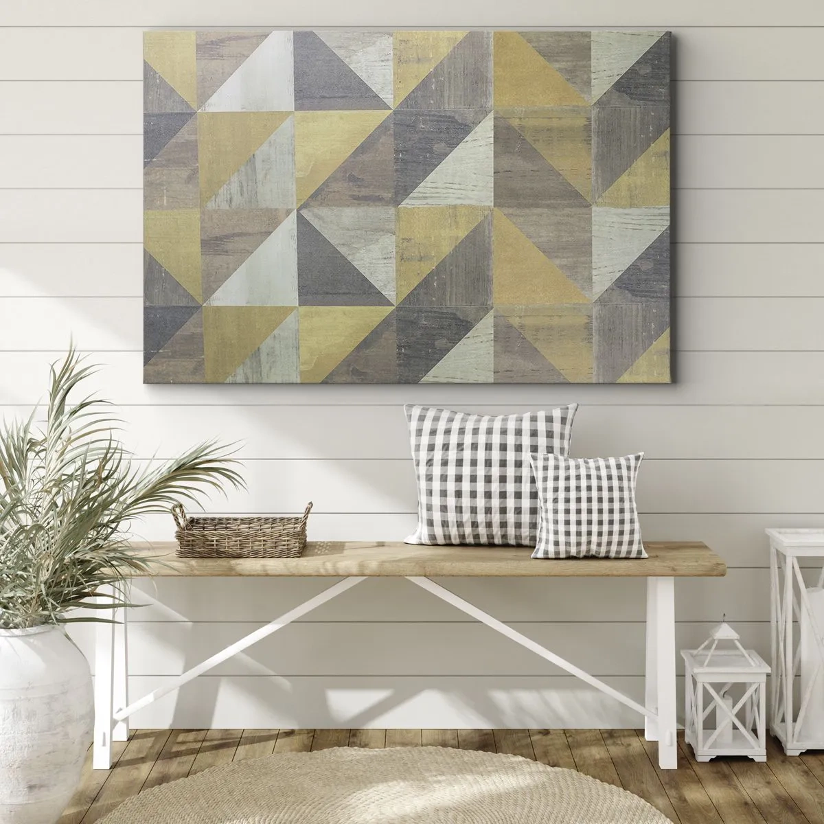 Schilderen op canvas - Geometrische compositie van driehoeken in aardse tinten - 70x50cm - Op de hoek van de driehoek - Moderne wanddecoratie voor woonkamer en slaapkamer ARTTOR