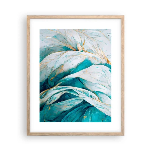 Een poster in een licht eiken lijst - Blauwe abstractie met een gouden motief - 40x50 cm