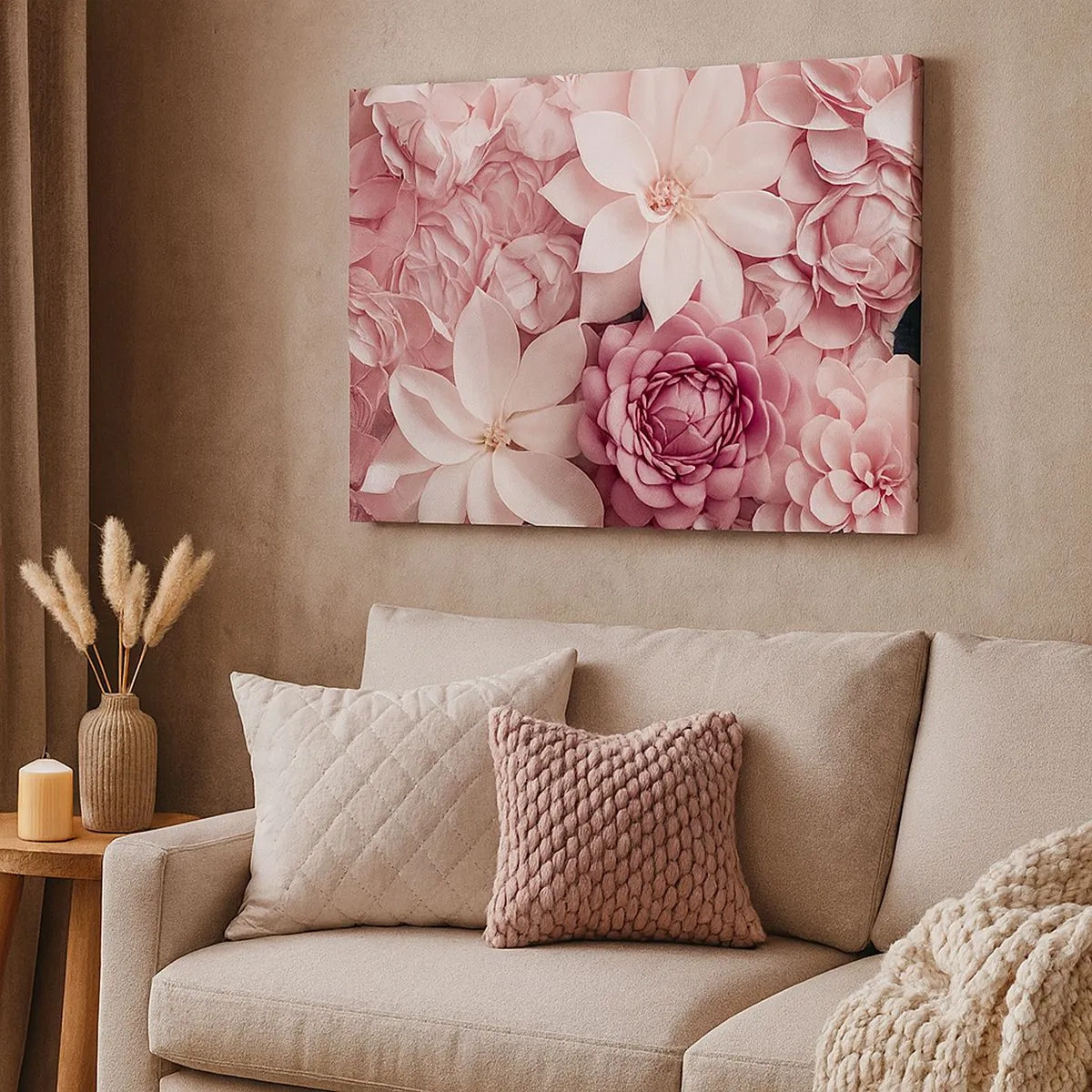 Schilderen op canvas - Bloemen in tinten roze en wit in een artistieke benadering - 70x50cm - In roze bloemblaadjes - Moderne wanddecoratie voor woonkamer en slaapkamer ARTTOR
