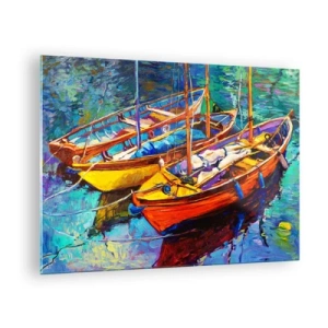 Schilderen op glas - Kleurrijke boten op kalm water - 70x50cm - Op water vol met kleuren - Moderne wanddecoratie voor woonkamer en slaapkamer ARTTOR