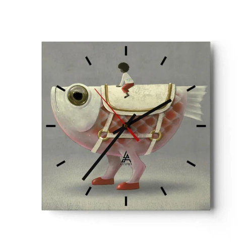 Wandklok - Klok - Ruiter op een surrealistische vis - 30x30 cm
