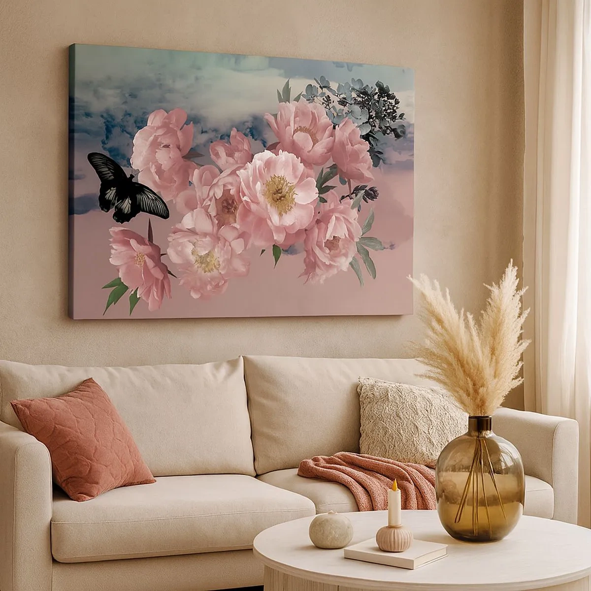 Schilderen op canvas - Roze pioenrozen met een vlinder op een pastelachtergrond - 70x50cm - Het hoogtepunt van de romantiek - Moderne wanddecoratie voor woonkamer en slaapkamer ARTTOR