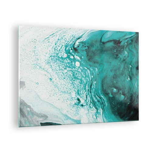 Schilderen op glas - Een abstract schilderij in tinten wit en turquoise - 70x50cm - Versmelten in wit en turkoois - Moderne wanddecoratie voor woonkamer en slaapkamer ARTTOR