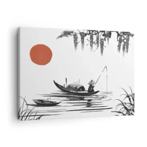 Schilderen op canvas - Oosters landschap met een visser op een boot en een rode zon - 70x50cm - Aziatische middag - Moderne wanddecoratie voor woonkamer en slaapkamer ARTTOR