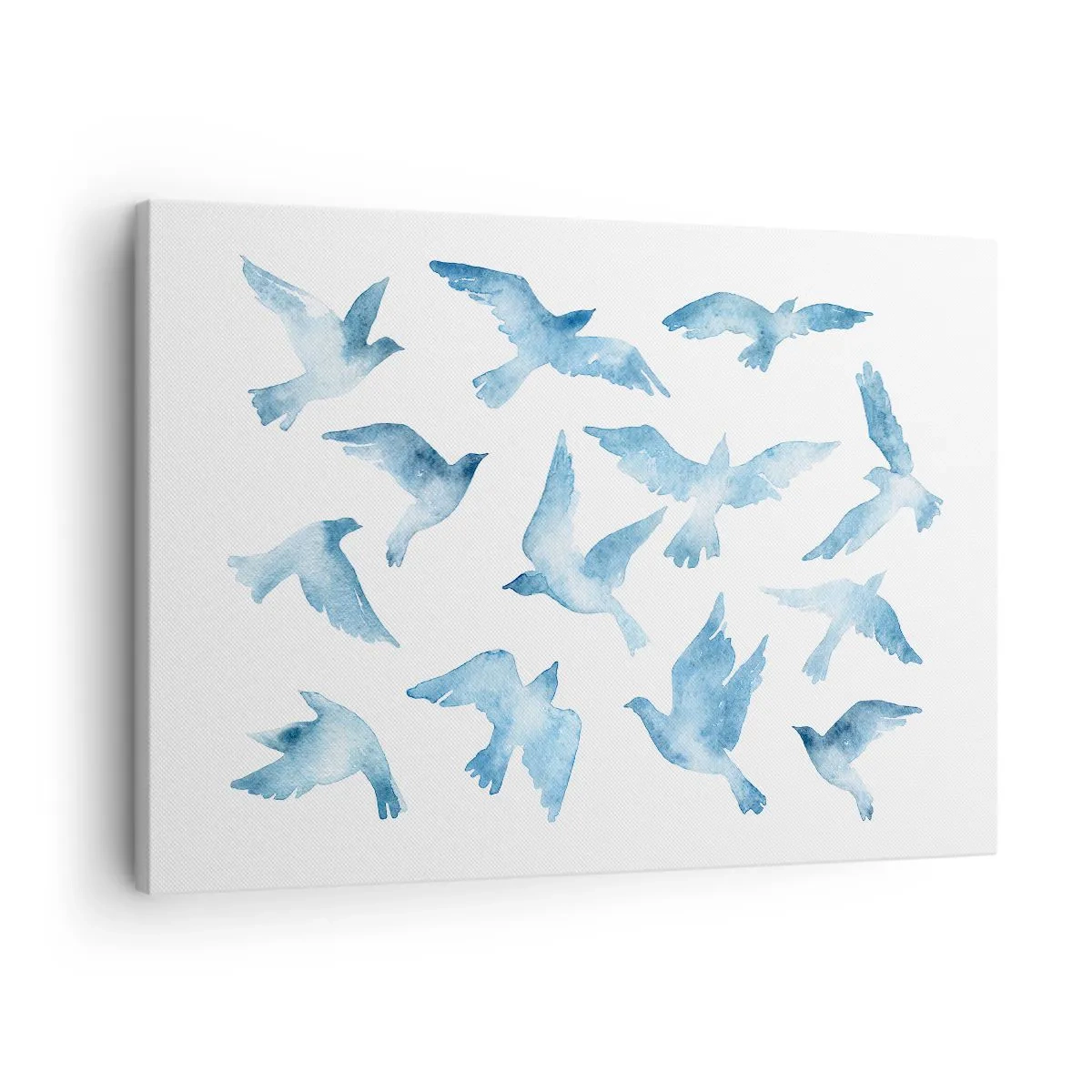 Schilderen op canvas - Een subtiele aquarel met vliegende vogels - 70x50cm - Blauwe vogels - Moderne wanddecoratie voor woonkamer en slaapkamer ARTTOR