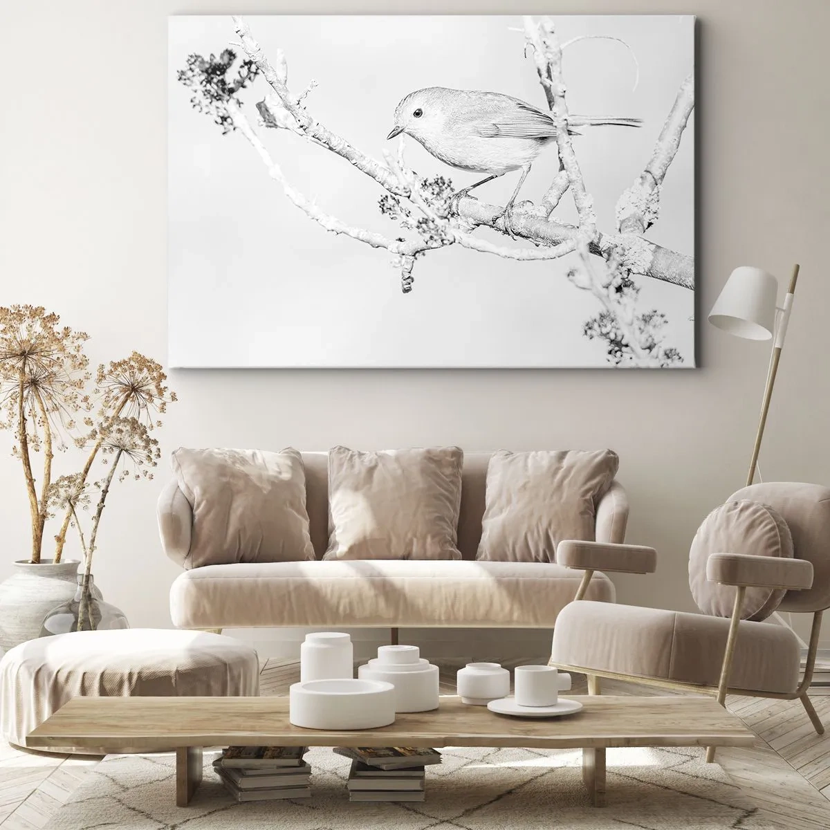Schilderen op canvas - Vogel op een tak in zwart-wit met een minimalistische stijl - 70x50cm - Winterochtend - Moderne wanddecoratie voor woonkamer en slaapkamer ARTTOR