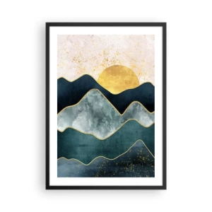 Poster in een zwarte lijst - Abstracte bergen en gouden zon op de achtergrond - 50x70cm - Achter de zeven bergen - Moderne wanddecoratie voor woonkamer en slaapkamer ARTTOR