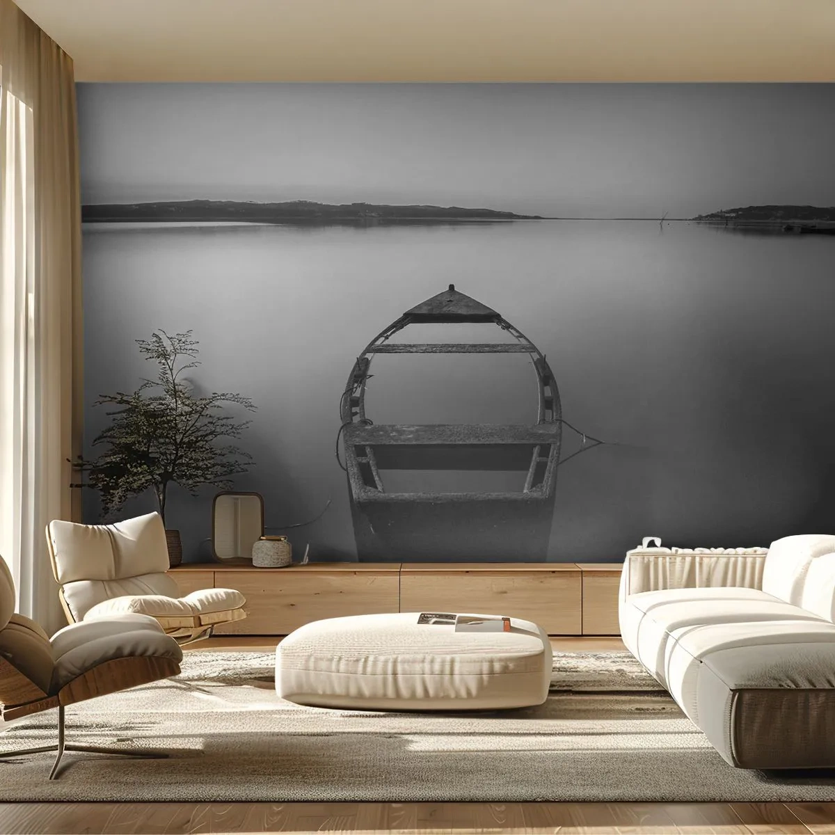Fotobehang Premium Sand - Verlangen en melancholie - Landschap, Meer, Boot - 350x256 cm