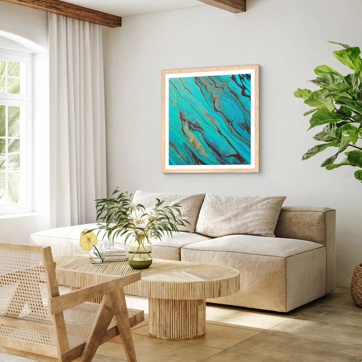 Een poster in een licht eiken lijst - Turquoise vloed - 40x40 cm