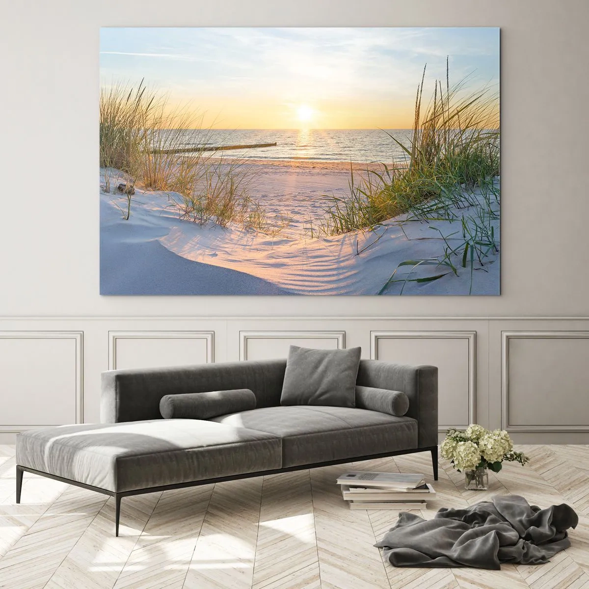 Schilderen op glas - Zonsondergangstrand met uitzicht op zee en duingras - 70x50cm - Het geluid van de zee, het zingen van vogels, een wild strand tussen het gras... - Moderne wanddecoratie voor woonkamer en slaapkamer ARTTOR