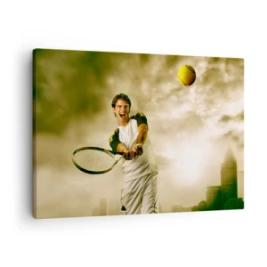 Schilderen op canvas - Tennisser in actie tijdens een wedstrijd tegen de achtergrond van een stedelijk landschap - 70x50cm - Energie en vreugde - Moderne wanddecoratie voor woonkamer en slaapkamer ARTTOR