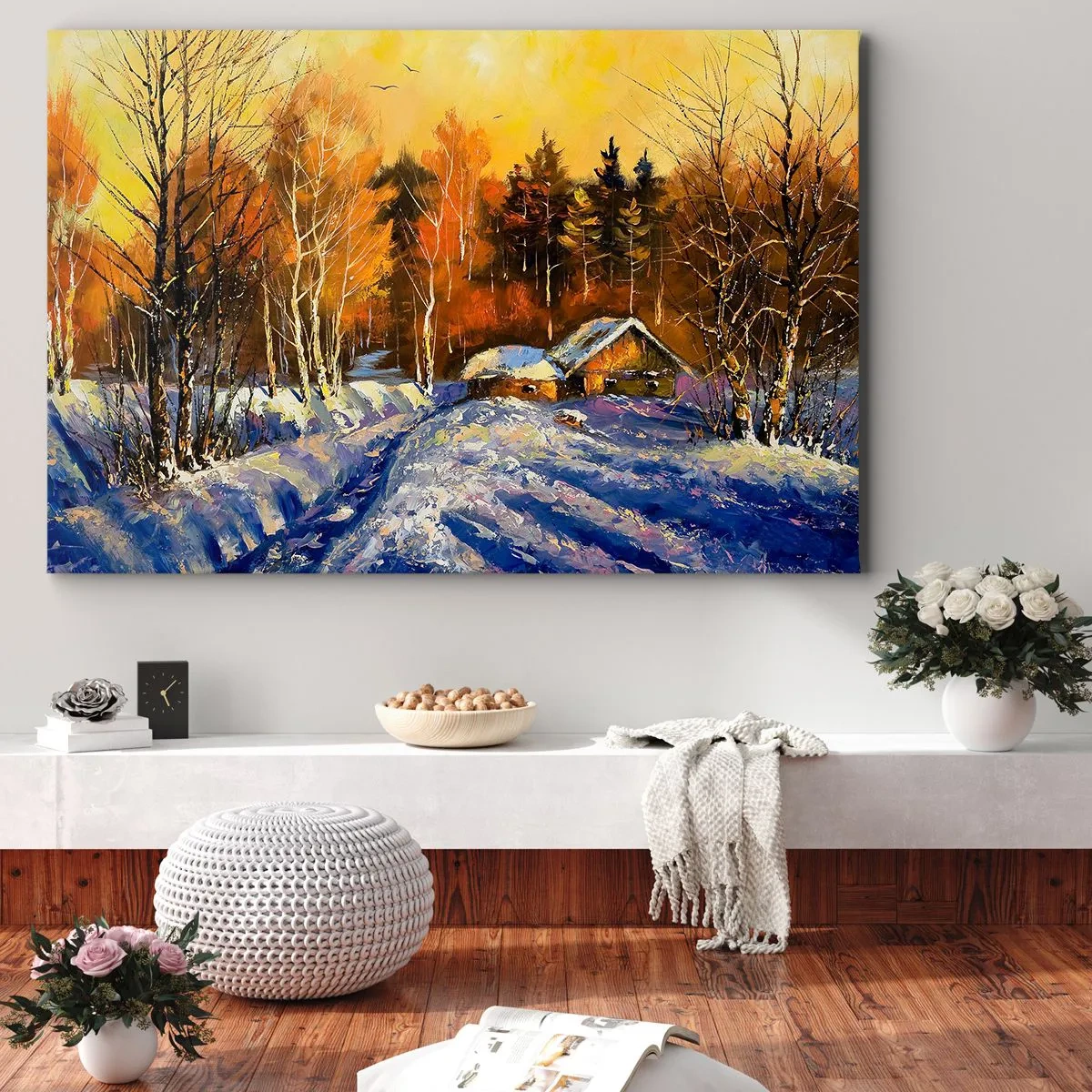 Schilderen op canvas - Winterlandschap met een huis in het licht van de ondergaande zon - 70x50cm - Winter impressie in de zon - Moderne wanddecoratie voor woonkamer en slaapkamer ARTTOR
