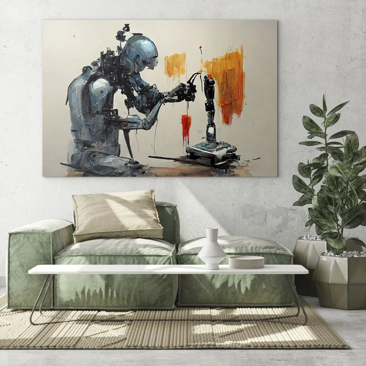 Schilderen op glas - Een robot schildert een mechanische hand op een abstracte achtergrond. - 70x50cm - Morgen al… - Moderne wanddecoratie voor woonkamer en slaapkamer ARTTOR