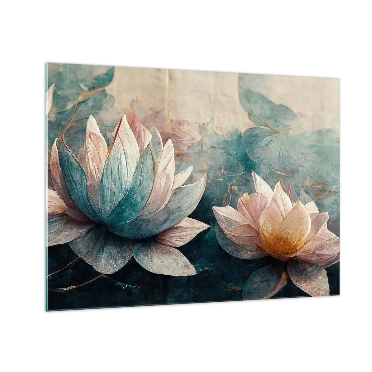 Schilderen op glas - Artistieke weergave van lotusbloemen tegen een achtergrond van waterbladeren. - 70x50cm - Sterren van het meer - Moderne wanddecoratie voor woonkamer en slaapkamer ARTTOR