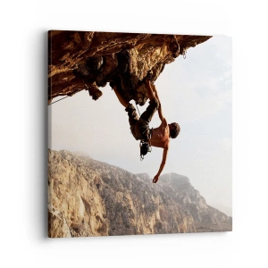 Schilderen op canvas - De wereld gekrompen in een hand op een rotsblok  - 40x40 cm