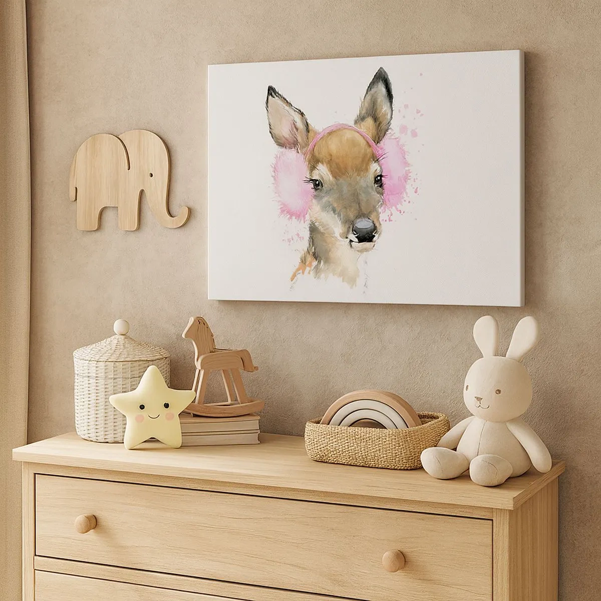 Schilderen op canvas - Aquarelhert met roze oorwarmers - 70x50cm - En de vorst is niet langer verschrikkelijk - Moderne wanddecoratie voor woonkamer en slaapkamer ARTTOR