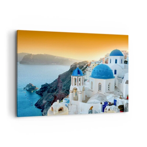 Schilderen op canvas - Santorini - genesteld tegen de rotsen - 120x80 cm