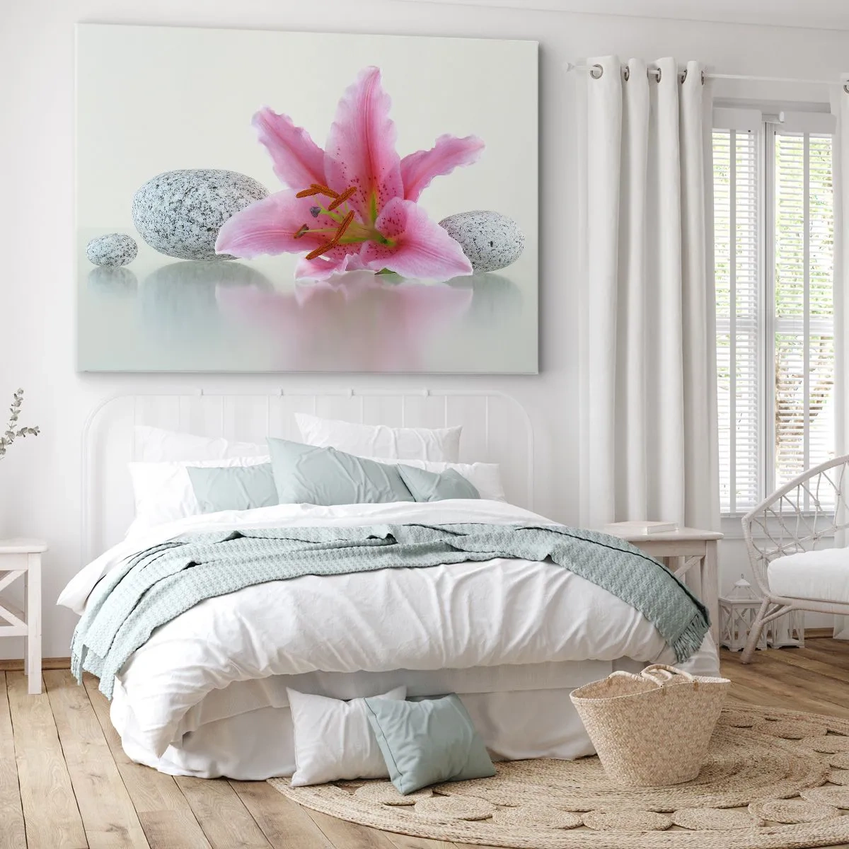 Schilderen op canvas - Roze leliebloem met stenen op een lichte achtergrond - 70x50cm - Een studie in roze, grijs en wit - Moderne wanddecoratie voor woonkamer en slaapkamer ARTTOR