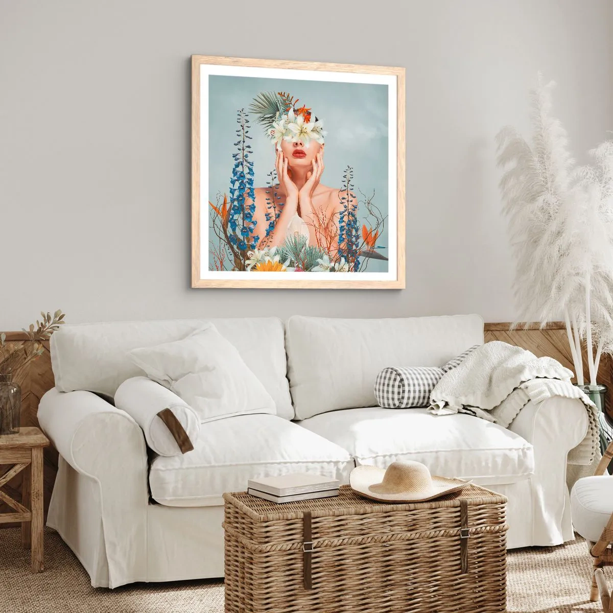 Een poster in een licht eiken lijst - Vrouw - bloem - 50x50 cm