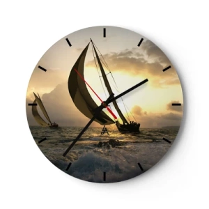 Wandklok - Klok - Zeilboten op open zee bij zonsondergang - 30x30cm - Met de wind en tegen de wind - Moderne wanddecoratie voor woonkamer, keuken en slaapkamer ARTTOR