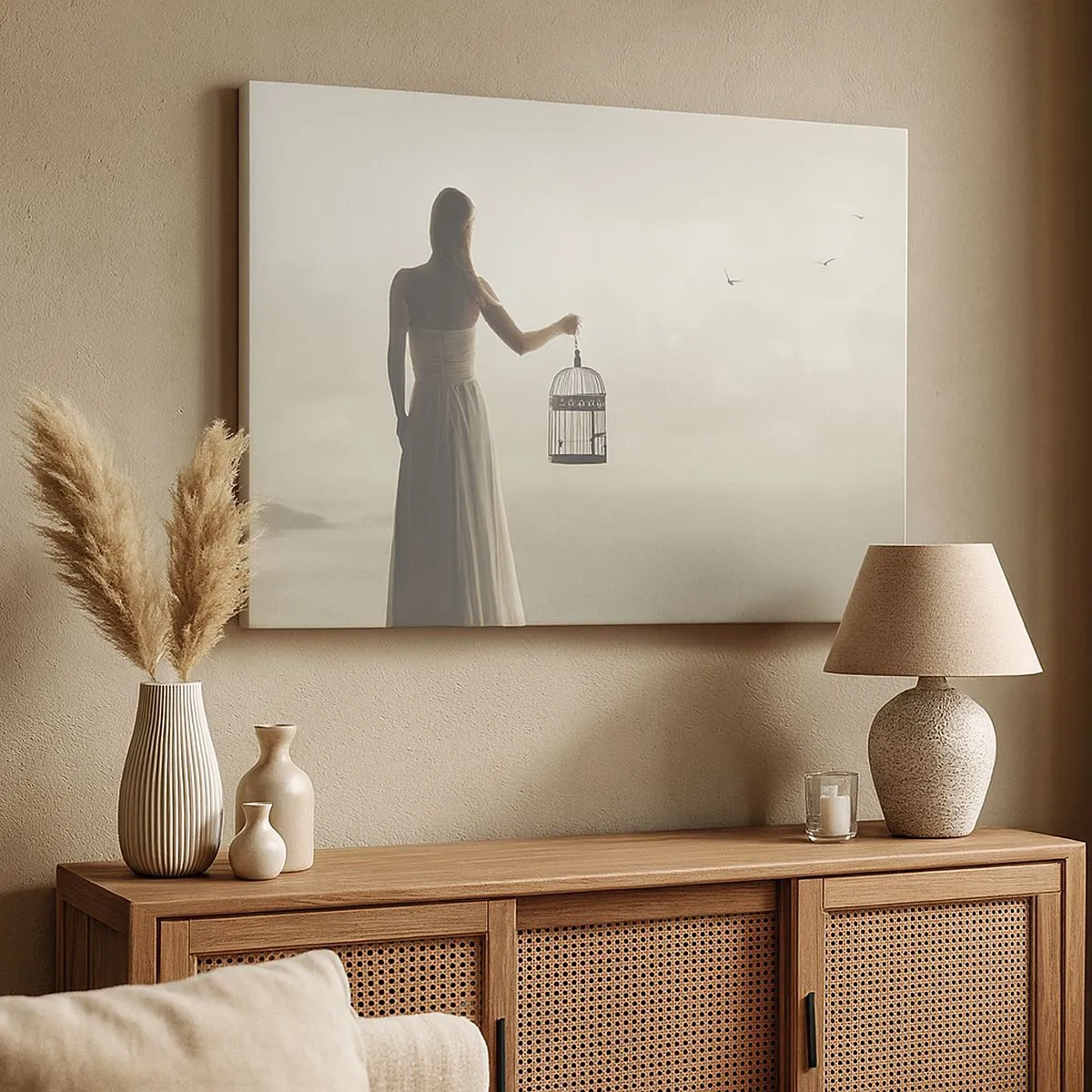 Schilderen op canvas - Een vrouw met een kooi tegen een kalme lucht - 70x50cm - Wees vrij - Moderne wanddecoratie voor woonkamer en slaapkamer ARTTOR