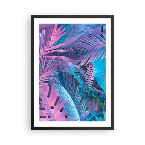 Poster in een zwarte lijst - Kleurrijke tropische bladeren in neonkleuren roze en blauw - 50x70cm - Tropen in roze en blauw - Moderne wanddecoratie voor woonkamer en slaapkamer ARTTOR