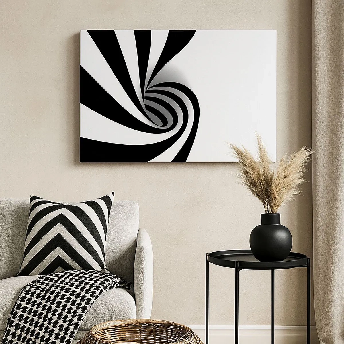 Schilderen op canvas - Abstracte zwart-witte optische werveling - 70x50cm - En toch draait het - Moderne wanddecoratie voor woonkamer en slaapkamer ARTTOR