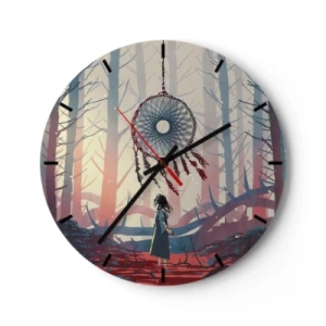 Wandklok - Klok - Een figuur in het bos kijkt naar een dromenvanger in een mysterieus licht. - 30x30cm - Een geheim ritueel van geluk - Moderne wanddecoratie voor woonkamer, keuken en slaapkamer ARTTOR