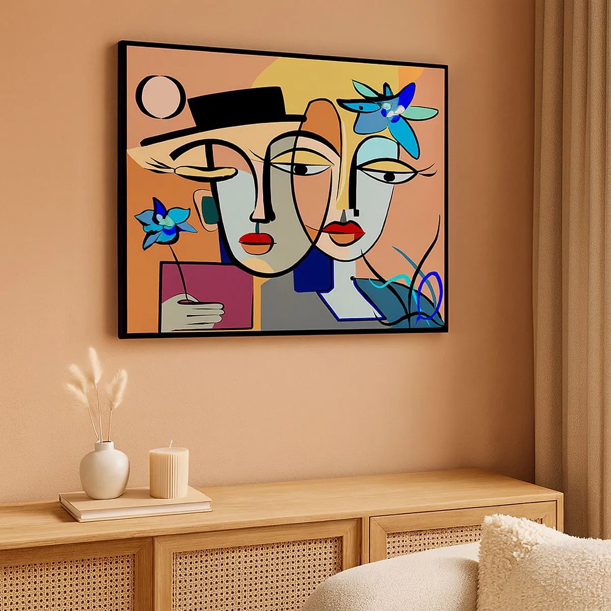 Schilderen op canvas - Kubistische portretten in levendige kleuren met een bloemenmotief - 70x50cm - Picasso's randez-vous - Moderne wanddecoratie voor woonkamer en slaapkamer ARTTOR