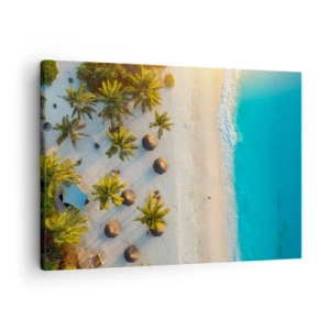 Schilderen op canvas - Uitzicht op een tropisch strand met palmbomen en een turquoise zee - 70x50cm - Welkom in het paradijs - Moderne wanddecoratie voor woonkamer en slaapkamer ARTTOR