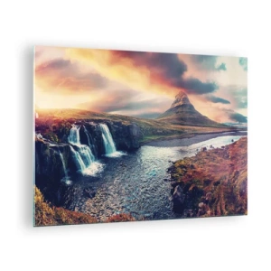 Schilderen op glas - Waterval en berg bij zonsondergang in het IJslandse landschap - 70x50cm - In de majesteit van de natuur - Moderne wanddecoratie voor woonkamer en slaapkamer ARTTOR