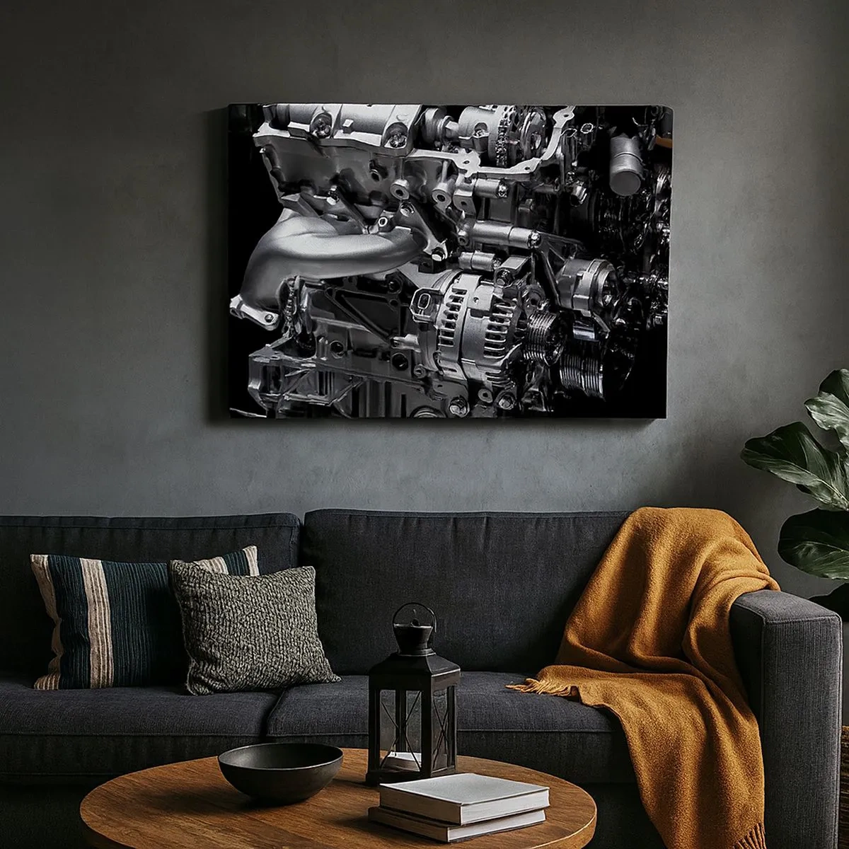 Schilderen op canvas - Close-up van metalen motoronderdelen op een zwarte achtergrond - 70x50cm - Staal, mooi, sterk - Moderne wanddecoratie voor woonkamer en slaapkamer ARTTOR
