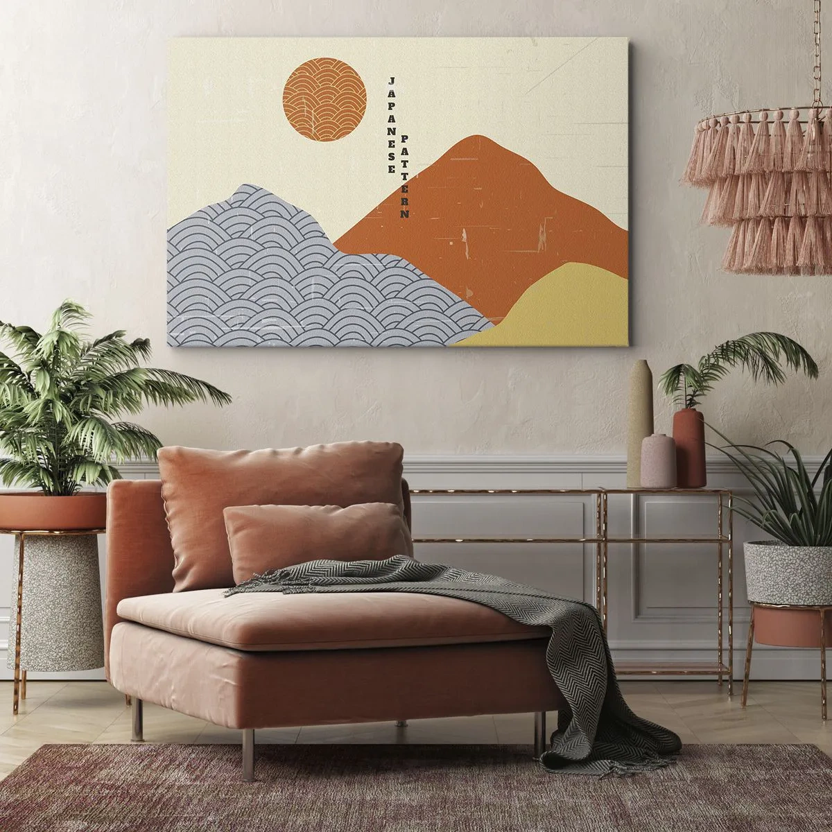 Schilderen op canvas - Japanse patronen met bergen, zon en minimalistische stijl - 70x50cm - In de Japanse spirit - Moderne wanddecoratie voor woonkamer en slaapkamer ARTTOR